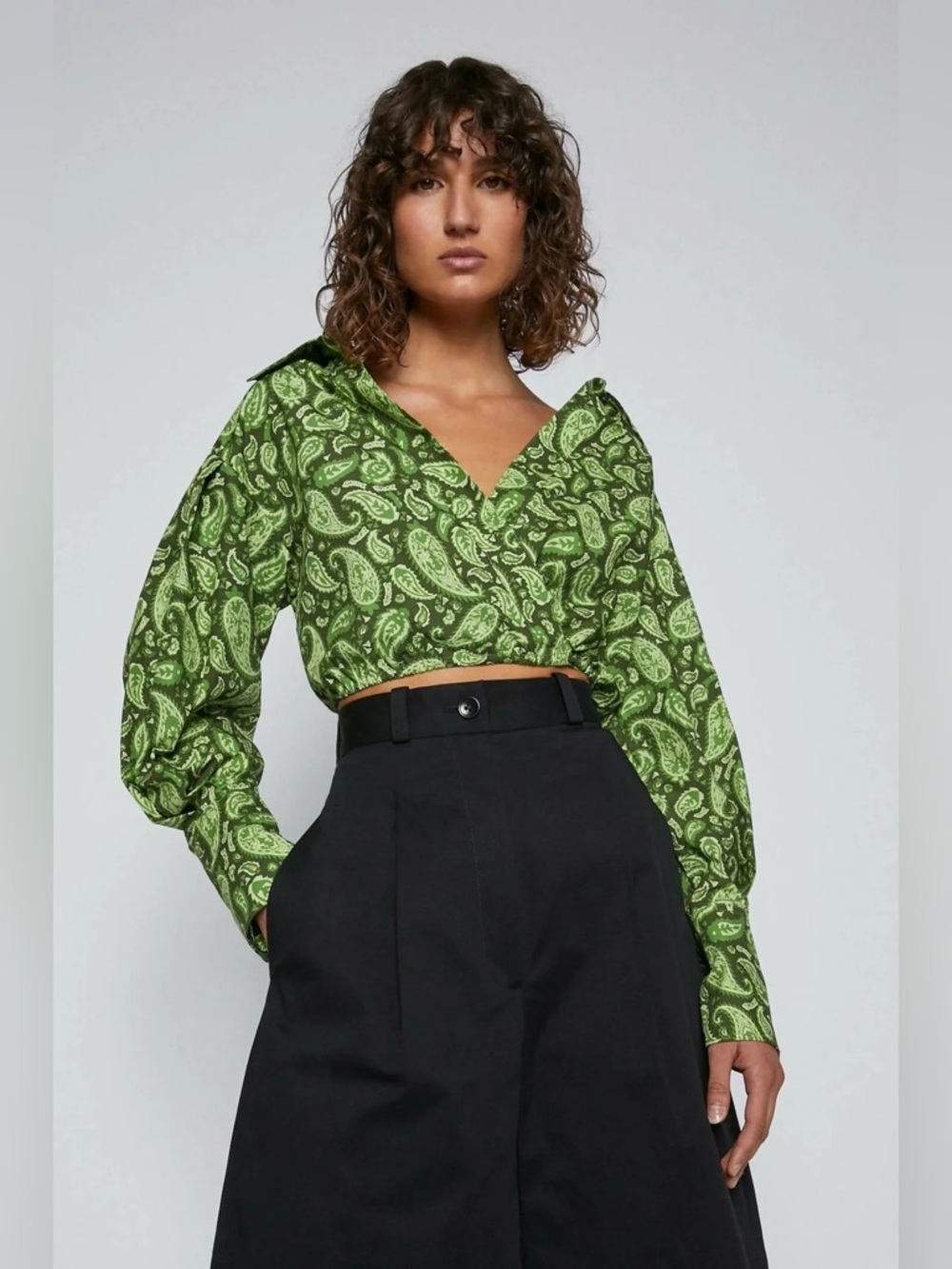 Scanlan Theodore Green Paisley Wrap Crop Top Shirt Blouse